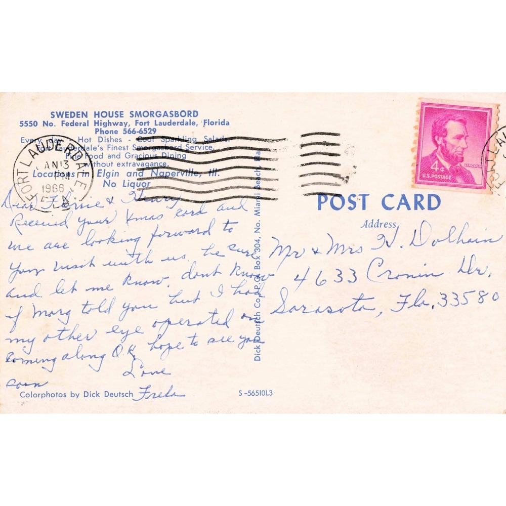 Sweden House Smorgasbord Fort Lauderdale FL Vintage 1966 Postcard Dick Deutsch - Picture 2 of 2